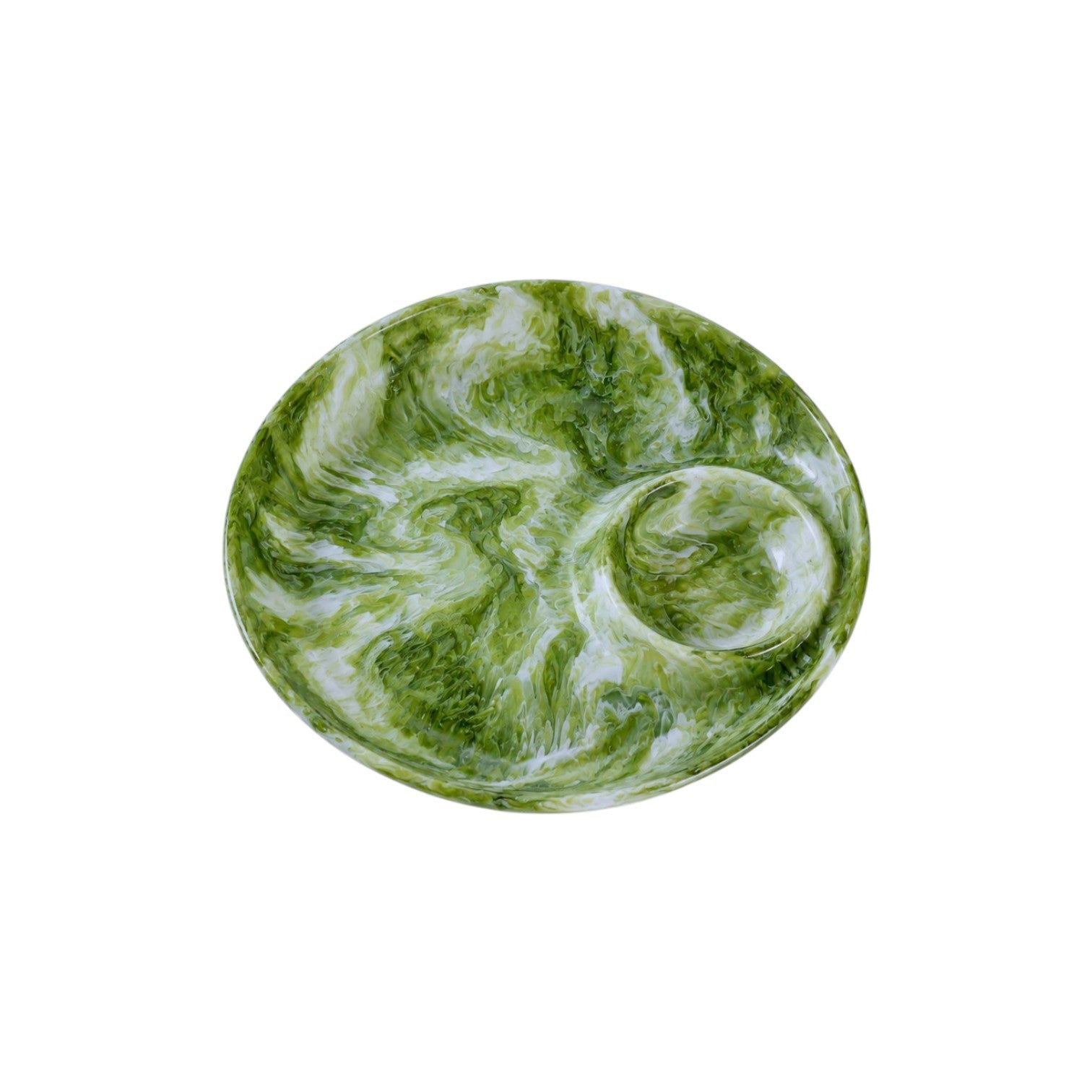 The Nashi Home Serveware Collection, Forest by Nashi Home is a round BPA-free resin plate featuring a green and white marble design with a built-in circular dip section.