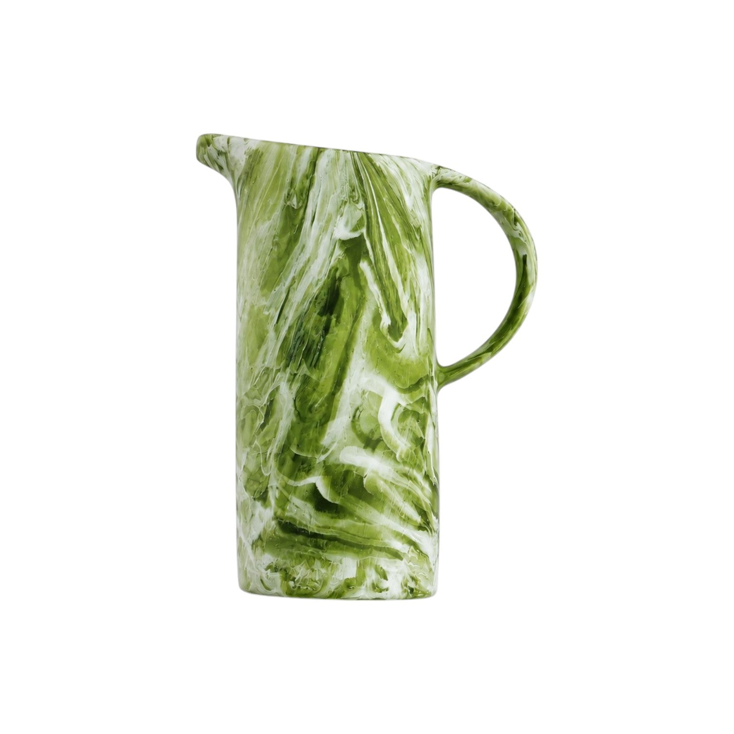 The Nashi Home Serveware Collection, Forest by Nashi Home features a green and white marbled ceramic pitcher with a handle—perfectly pairing with any BPA-free resin serving piece for a modern table setting.