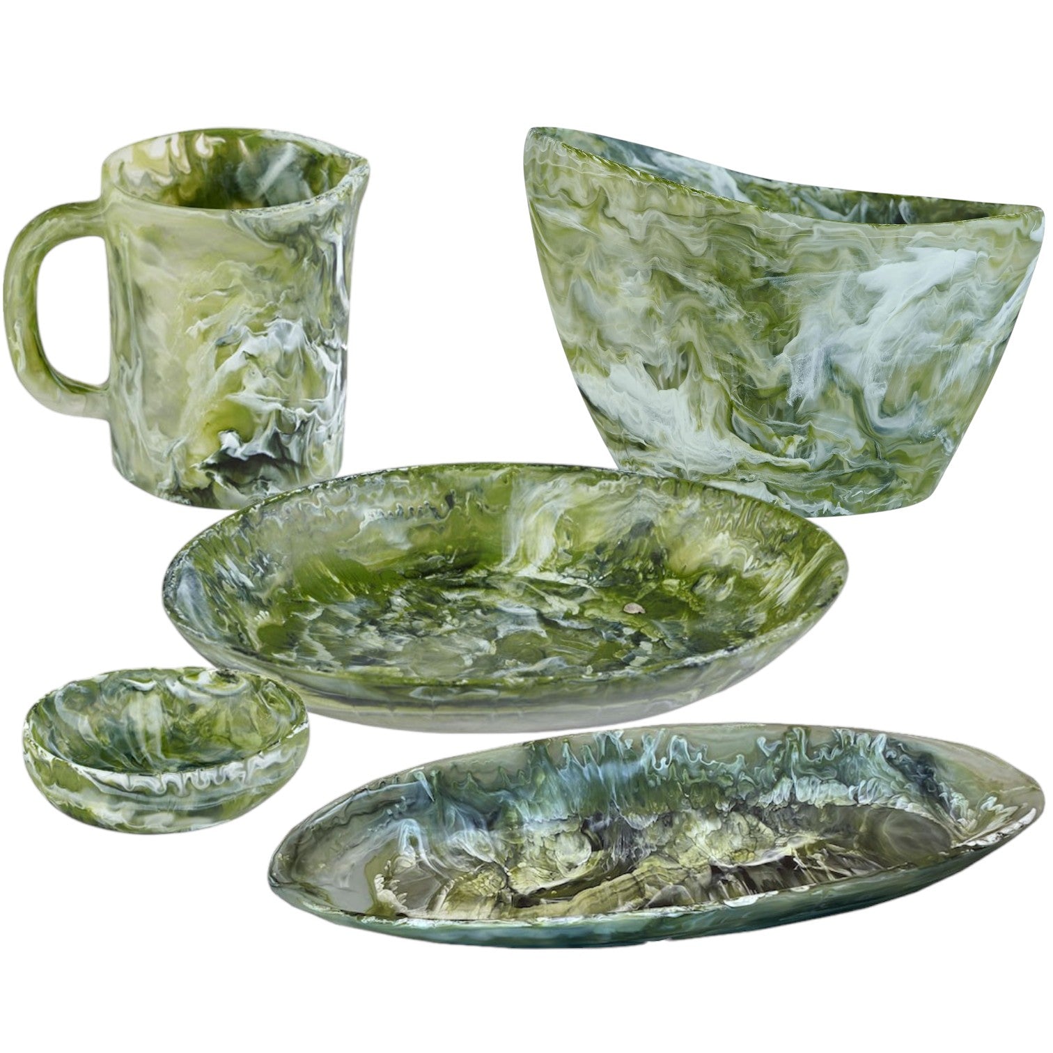 The Nashi Home Serveware Collection, Forest by Nashi Home includes a mug, bowl, small dish, round plate, and oval plate in green and white marbled resin—ideal as stylish serveware or a chic home decor accent.