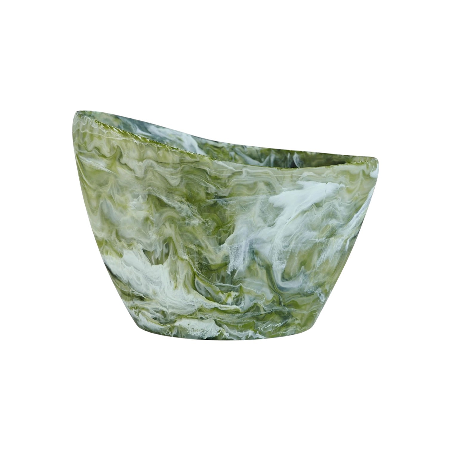 The Nashi Home Serveware Collection, Forest by Nashi Home features a green and white marbled resin bowl with a rounded base and uneven rim—an eye-catching serving piece or home accent, shown on a plain white background.