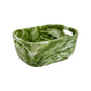 Rectangular green and white marbled storage bin from Nashi Home Serveware Collection, Forest by Nashi Home, made of BPA-free resin with two side handles. Shown on a white background.
