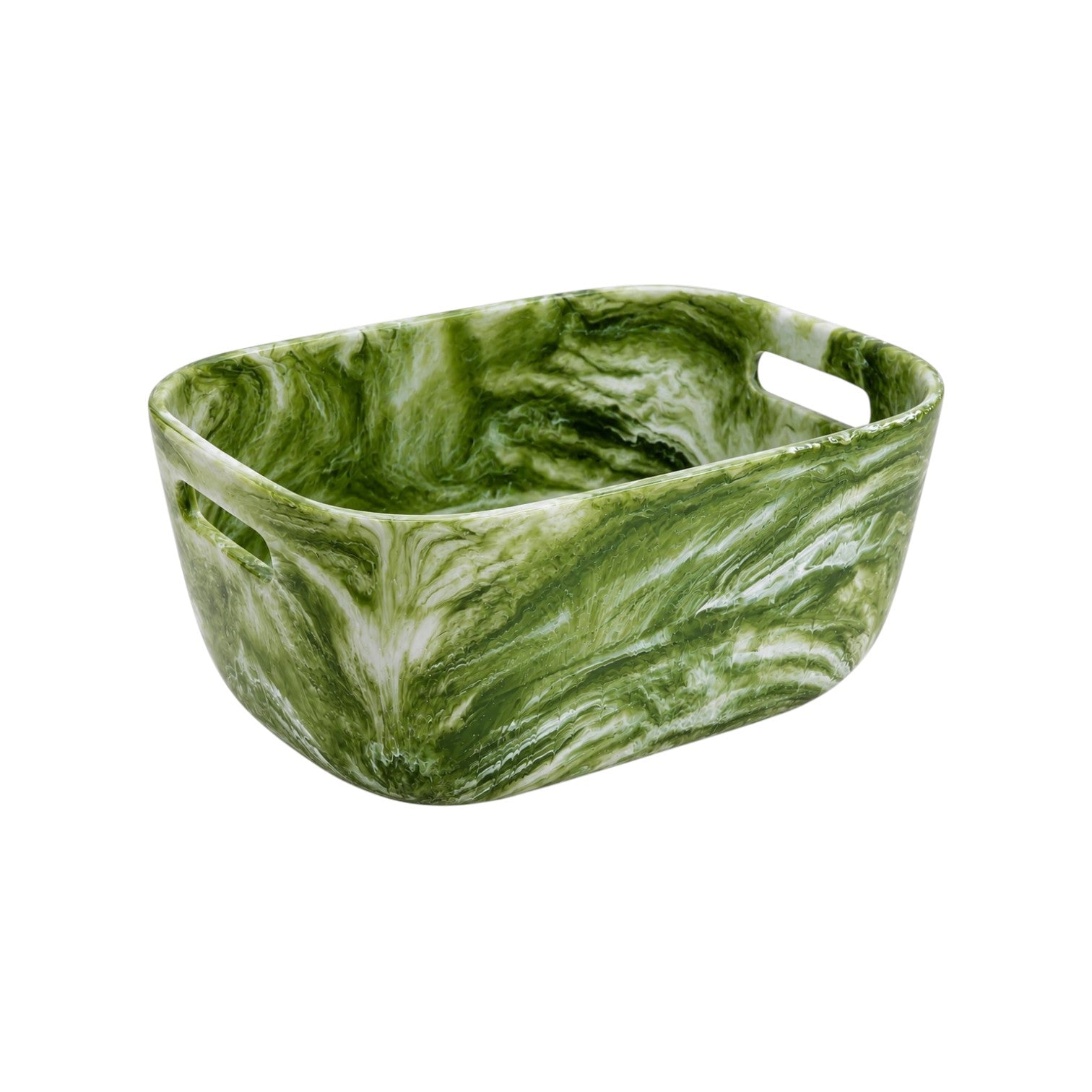 Rectangular green and white marbled storage bin from Nashi Home Serveware Collection, Forest by Nashi Home, made of BPA-free resin with two side handles. Shown on a white background.