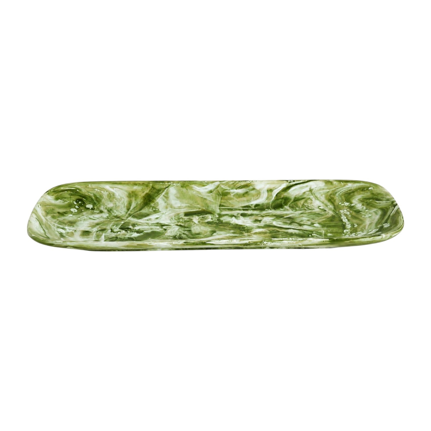 The Nashi Home Serveware Collection, Forest, features a rectangular tray with rounded corners in a green and white marbled pattern, crafted from BPA-free resin by Nashi Home.
