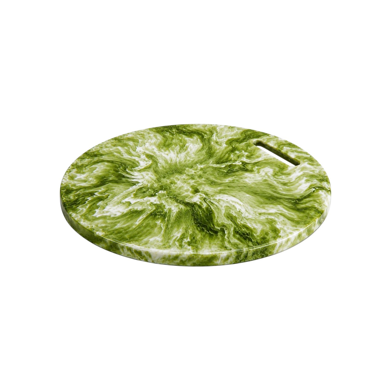 The Nashi Home Serveware Collection Forest cutting board, crafted from BPA-free resinware in a round green and white marbled design with a handle slot, is shown on a white background.