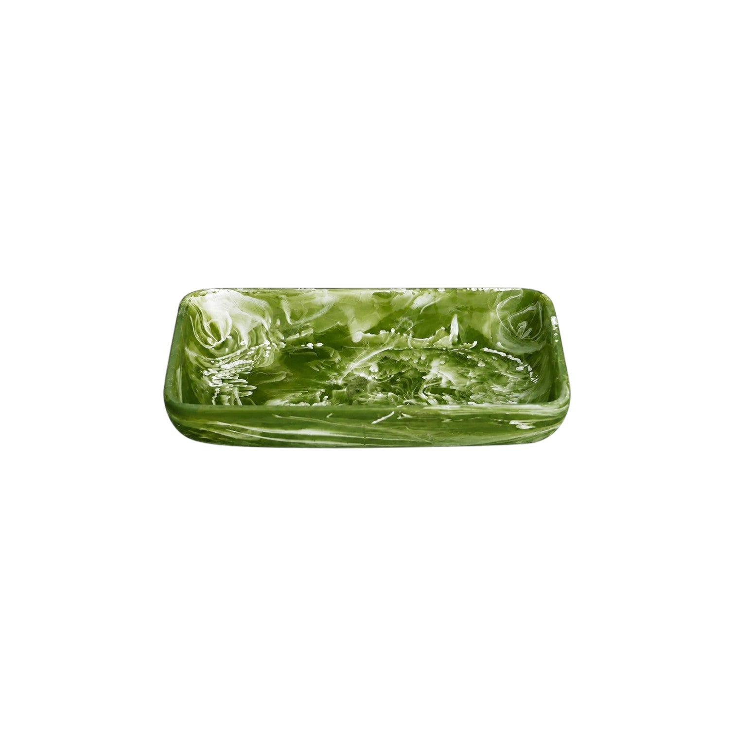 Rectangular soap dish from the Nashi Home Serveware Collection, Forest by Nashi Home, features green marbled resin with gently curved edges and is displayed on a plain white background.