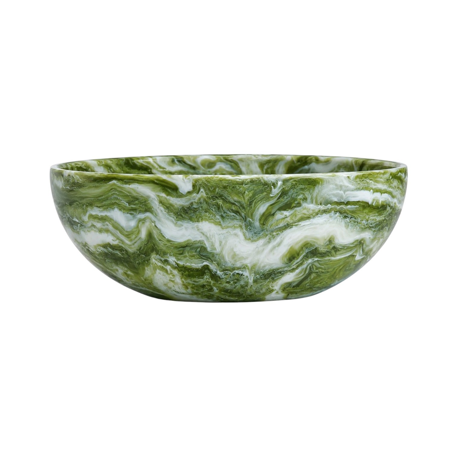 A round bowl from the Nashi Home Serveware Collection, Forest, by Nashi Home, featuring a green and white marbled resin design, photographed on a plain white background.