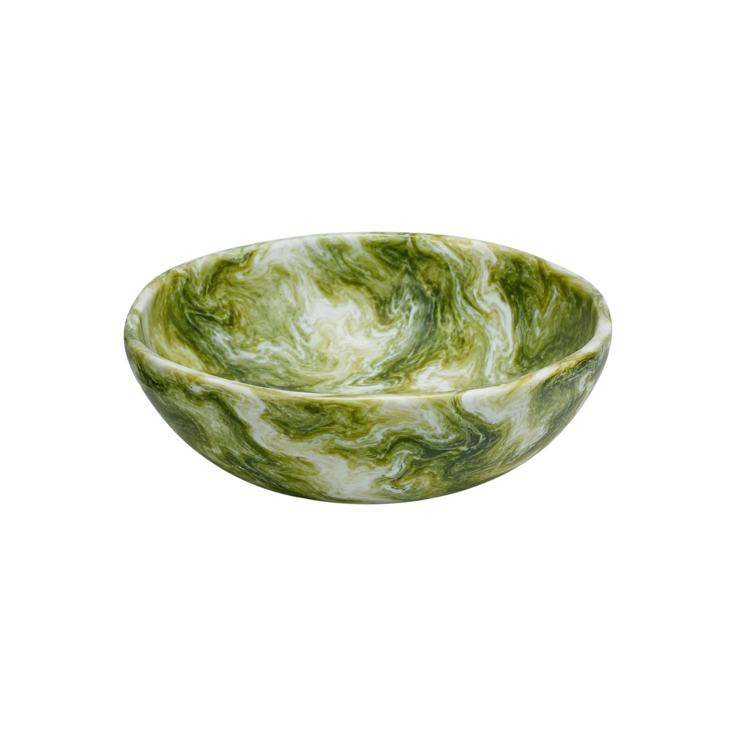 The Nashi Home Serveware Collection, Forest, features a round BPA-free resinware bowl with a green and white marbled pattern inside and out.