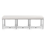 The Made Goods Lex Bench features an upholstered white cushioned seat atop a geometric chrome metal base, presenting modern elegance when viewed from the front against a white background.