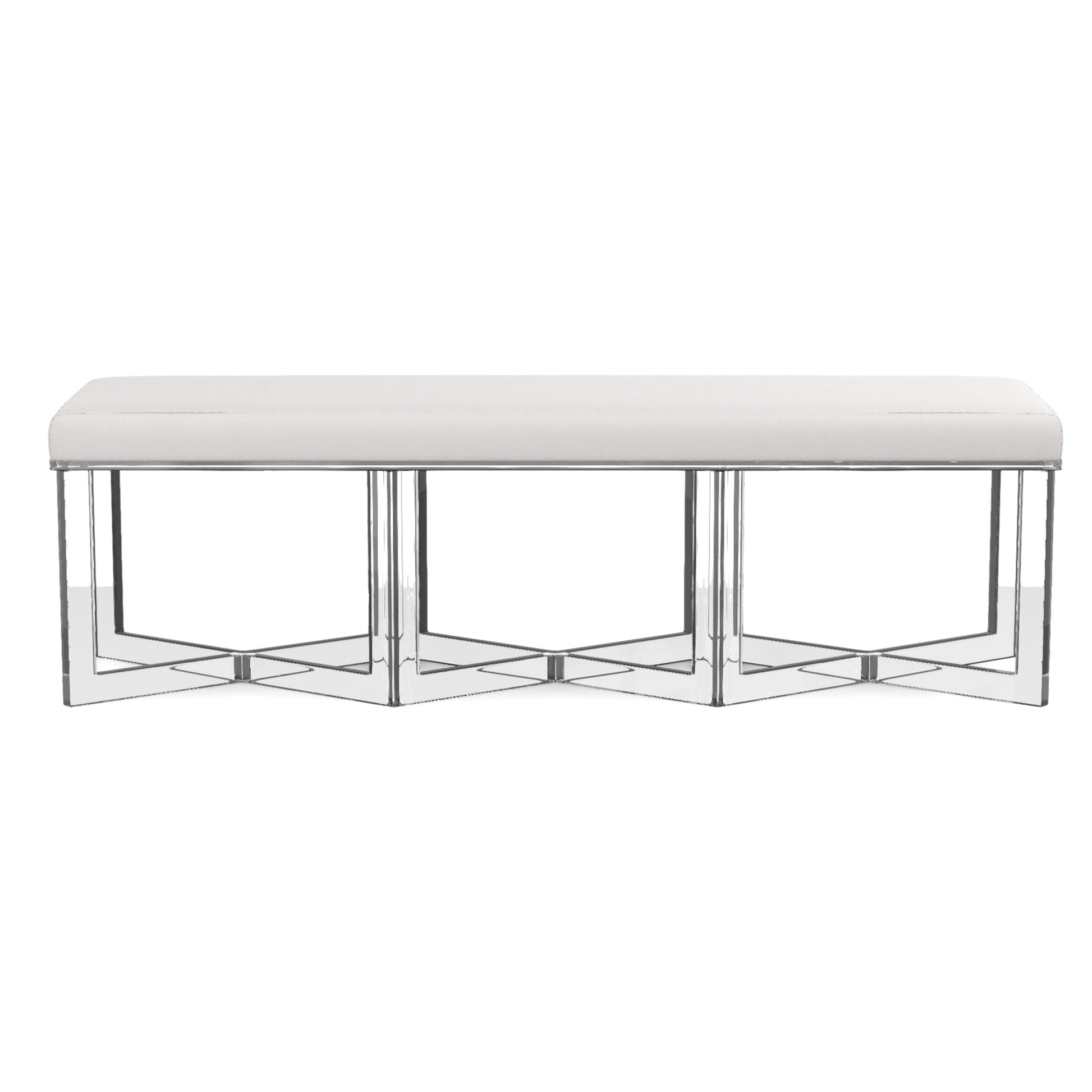 The Made Goods Lex Bench features an upholstered white cushioned seat atop a geometric chrome metal base, presenting modern elegance when viewed from the front against a white background.