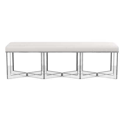 The Made Goods Lex Bench features an upholstered white cushioned seat atop a geometric chrome metal base, presenting modern elegance when viewed from the front against a white background.