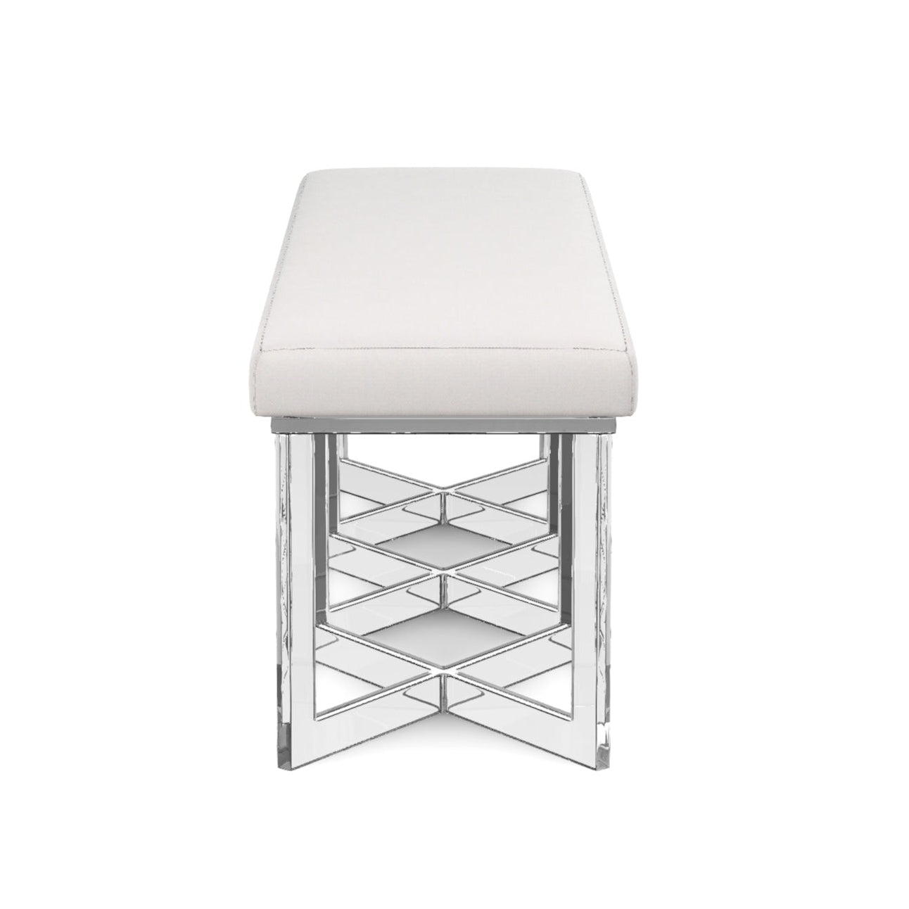 The Lex Bench by Made Goods showcases modern elegance with its sleek silhouette, featuring a rectangular white upholstered cushion and geometric metal legs, all viewed from the front for a display of refined details.