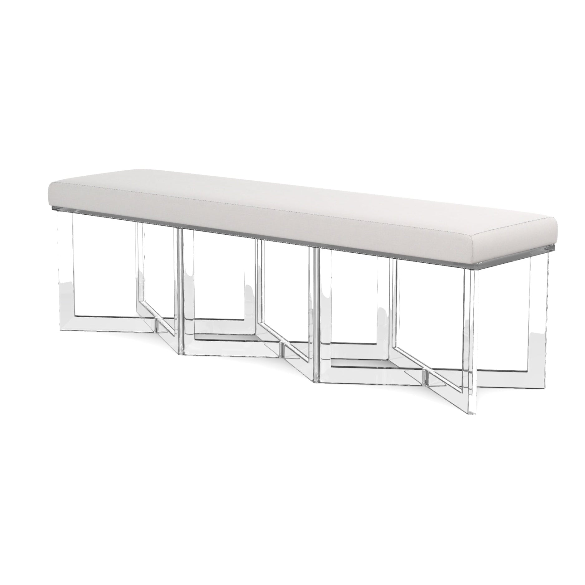 The Lex Bench by Made Goods features a long, rectangular design with an upholstered white cushioned seat and clear acrylic legs. Its modern geometric base adds a touch of elegance to any space.