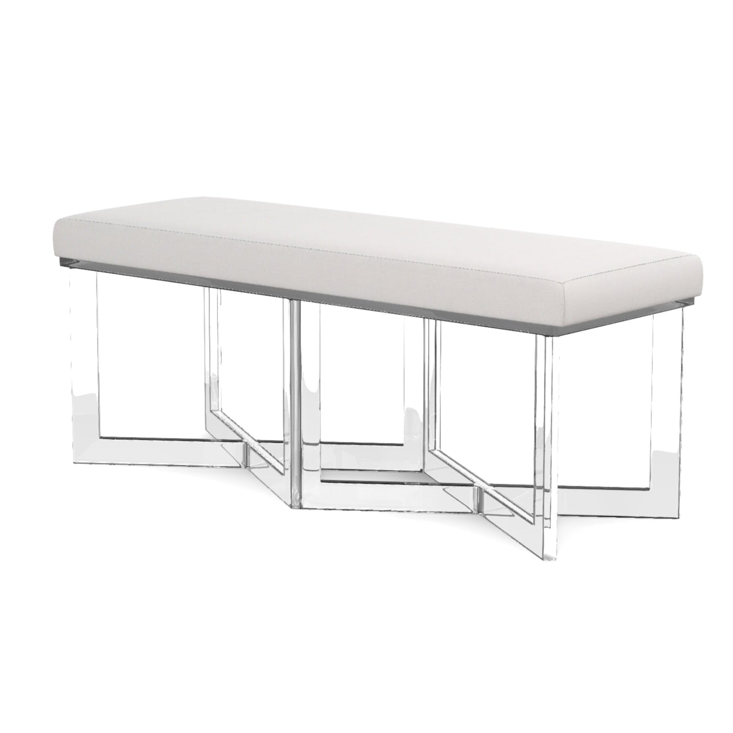 The Lex Bench by Made Goods features a light gray upholstered seat atop clear acrylic legs, showcasing modern elegance through its minimalist rectangular design.