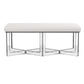 The Lex Bench by Made Goods features a white upholstered rectangular seat atop a geometric chrome metal base, displayed against a plain white background for a touch of modern elegance.