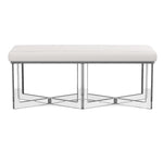 The Lex Bench by Made Goods features a white upholstered rectangular seat atop a geometric chrome metal base, displayed against a plain white background for a touch of modern elegance.