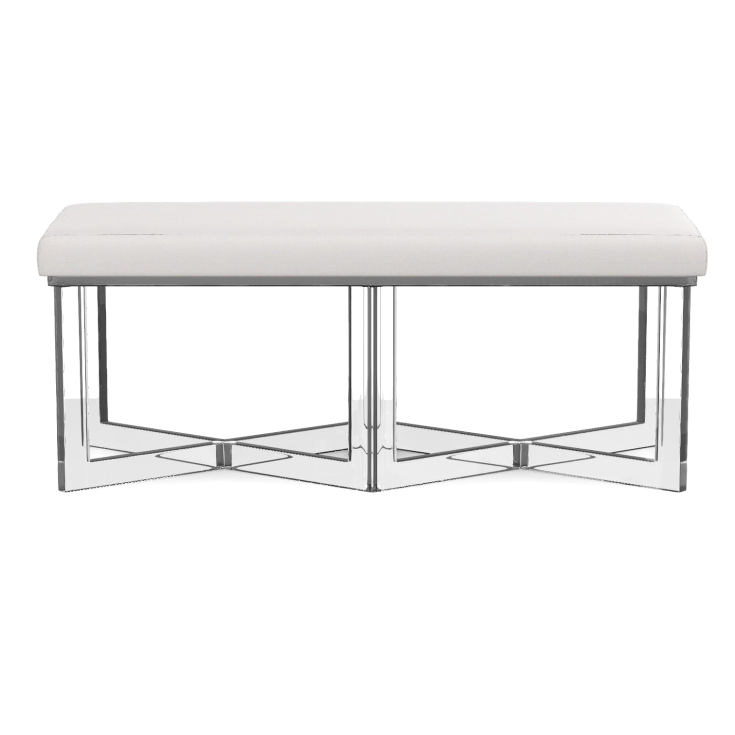 The Lex Bench by Made Goods features a white upholstered rectangular seat atop a geometric chrome metal base, displayed against a plain white background for a touch of modern elegance.