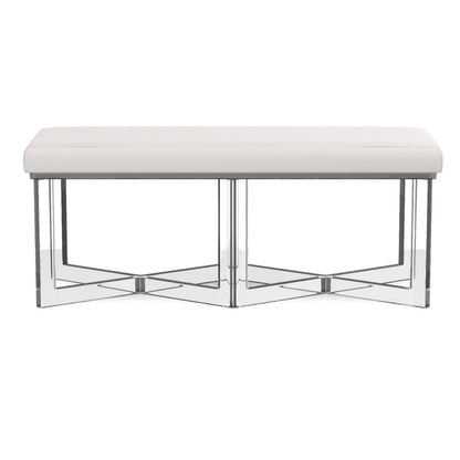 The Lex Bench by Made Goods features a white upholstered rectangular seat atop a geometric chrome metal base, displayed against a plain white background for a touch of modern elegance.