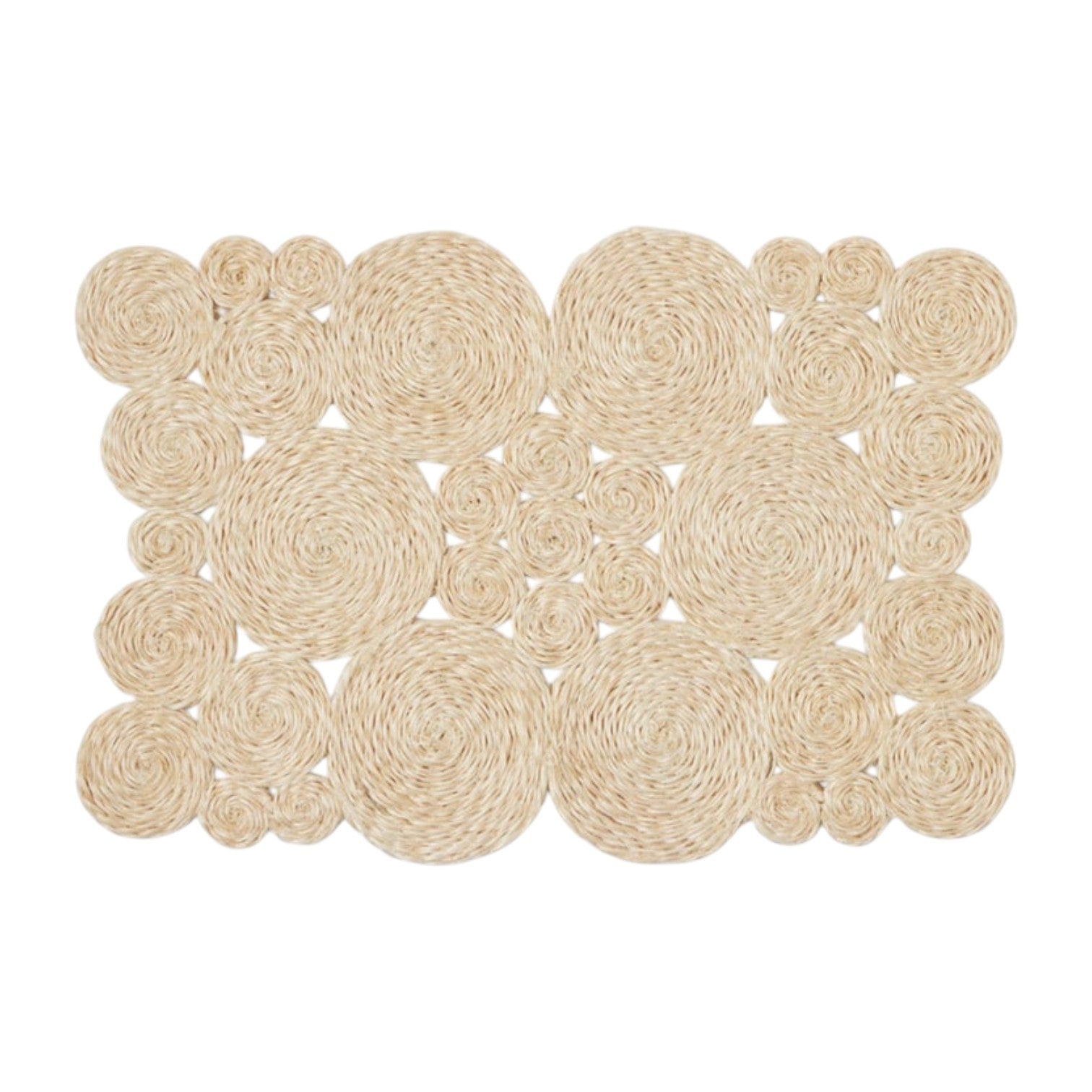 The Francine Placemat by Blue Pheasant is a rectangular mat made of natural abaca fibers with a grid pattern of coiled circles in various sizes.