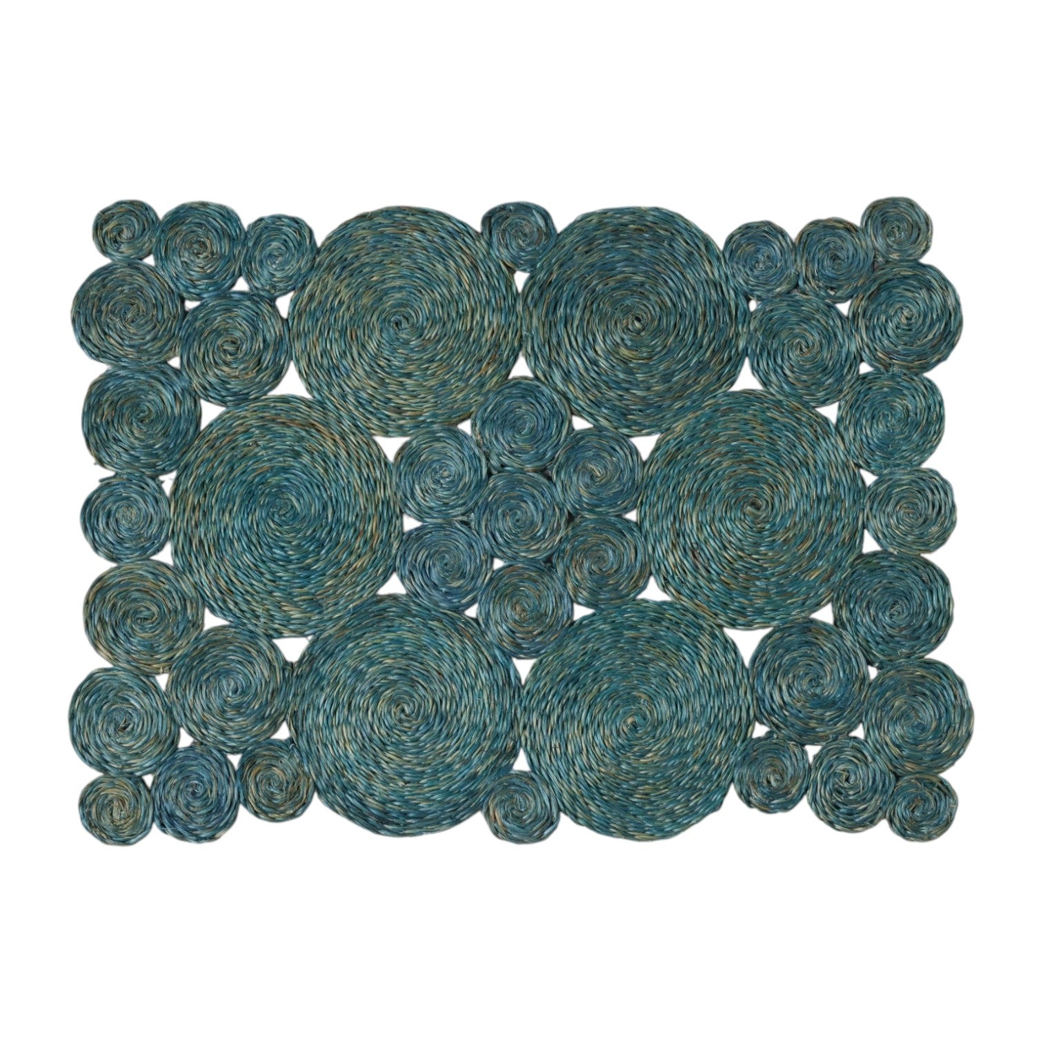 The Francine Placemat by Blue Pheasant features blue and tan woven coils in large and small circles, creating a unique and artistic rectangular design.