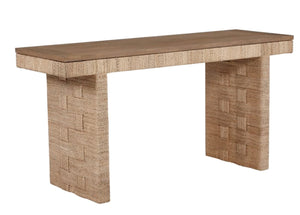 The Frankl Console by Sherrill/Mr & Mrs Howard features an oak-veneered rectangular wooden top and two wide legs with a woven natural abaca rope texture, shown on a plain white background—an elegant addition to any space.