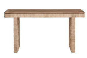 The Frankl Console by Sherrill/Mr & Mrs Howard features an oak-veneered top, two textured rectangular legs, and a natural wood finish for a distinctive, modern look that highlights its unique character.