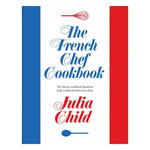 The cover of The French Chef Cookbook by Penguin Random House features striking blue and red vertical stripes with kitchen utensil illustrations on a crisp white background, reflecting the timeless charm and classic French recipes found in this iconic cookbook.