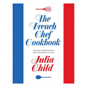 The cover of The French Chef Cookbook by Penguin Random House features striking blue and red vertical stripes with kitchen utensil illustrations on a crisp white background, reflecting the timeless charm and classic French recipes found in this iconic cookbook.