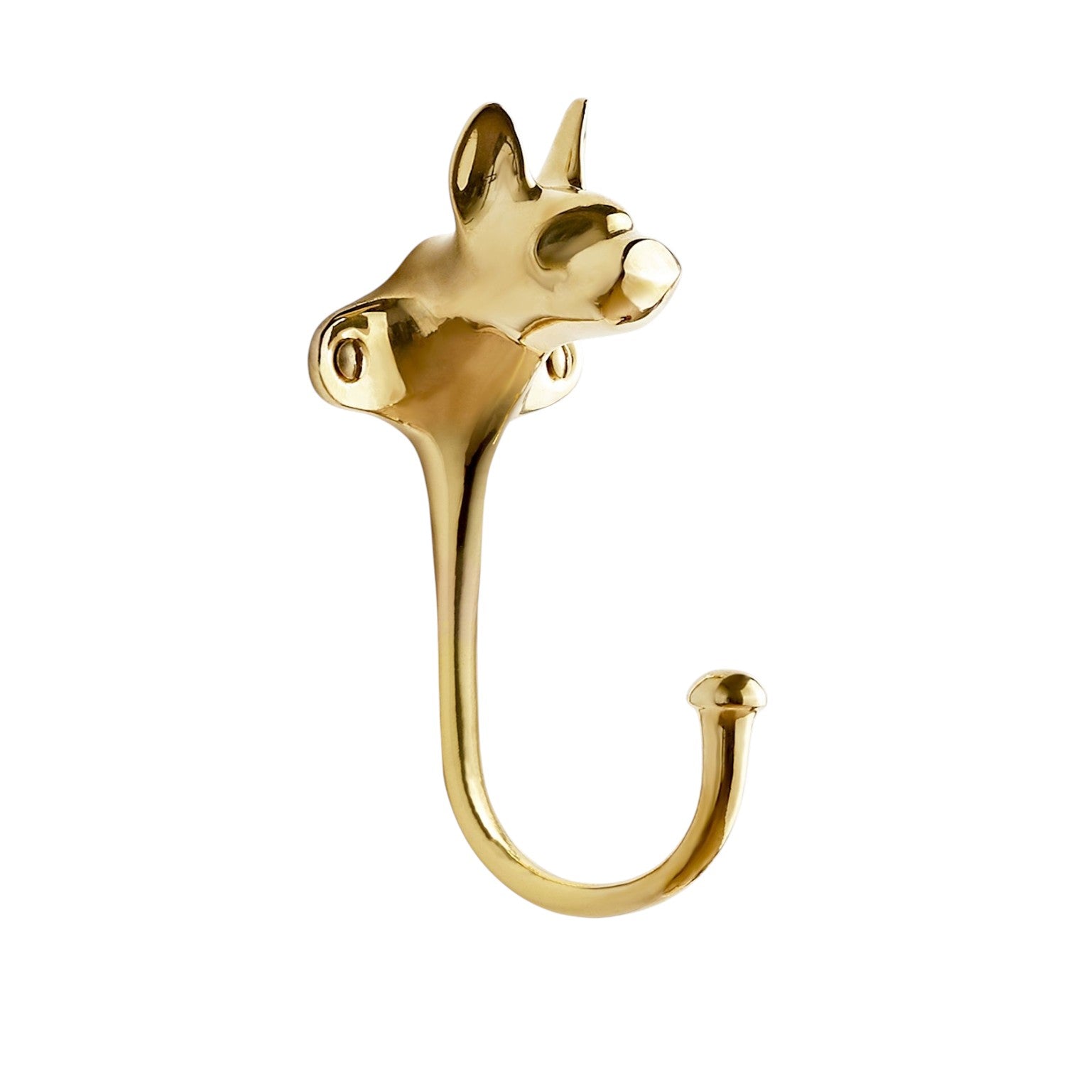 The Rejuvenation Cast Brass Dog Hooks feature a whimsical dog's head design in gold metal with a long, curved shape for hanging items.
