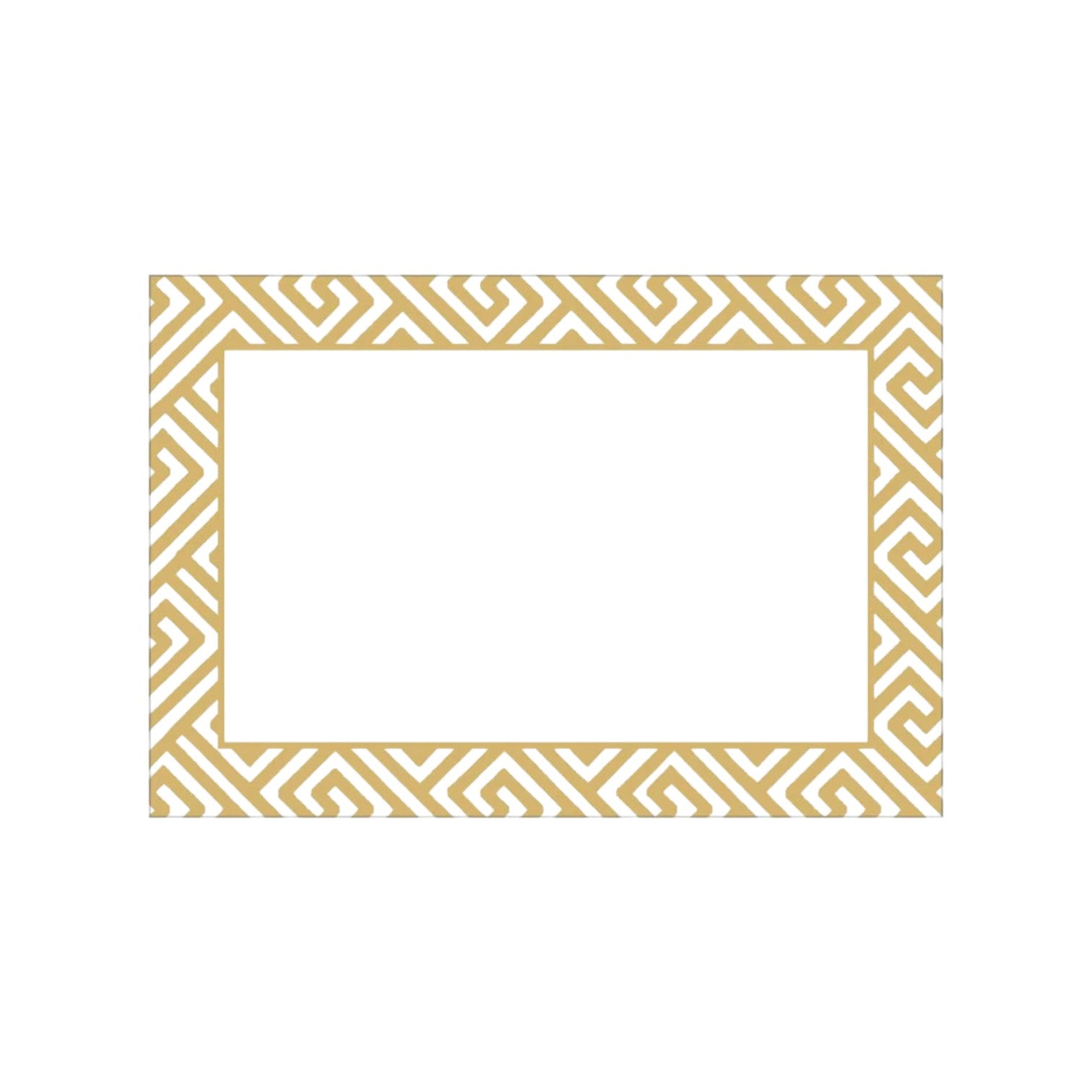 The Caspari Gold Fretwork Foil Place Card Set features a rectangular gold and white frame with a geometric pattern and blank center, ideal for elegant table settings.