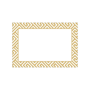 The Caspari Gold Fretwork Foil Place Card Set features a rectangular gold and white frame with a geometric pattern and blank center, ideal for elegant table settings.