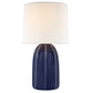 The Melanie Large Table Lamp Collection by Visual Comfort features a glossy dark blue ceramic base with reactive glazes and a white silk shade, offering elegant style against a clean white background.