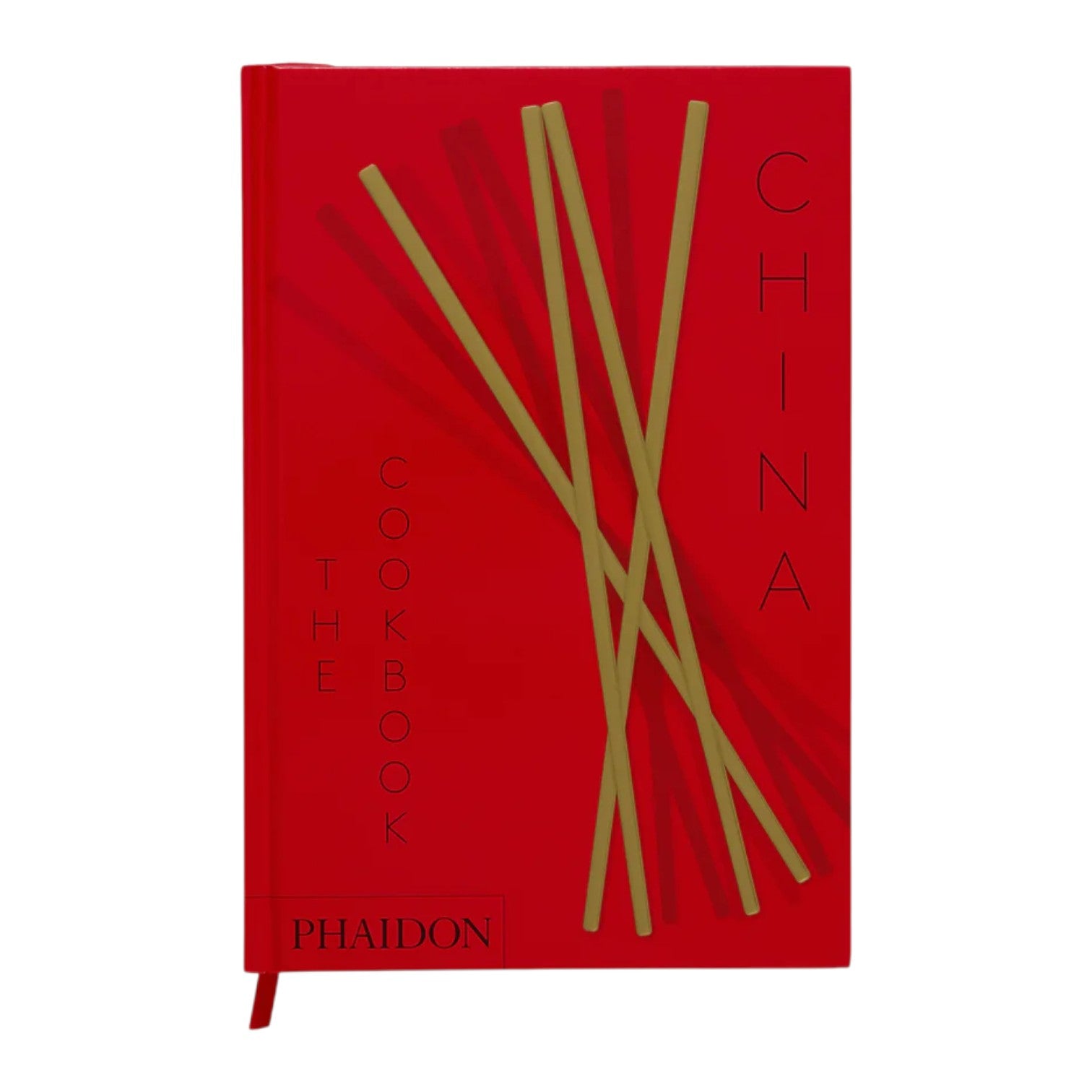 Phaidon's "China: The Cookbook" is a red cookbook featuring gold chopstick illustrations on the cover, filled with authentic Chinese recipes.