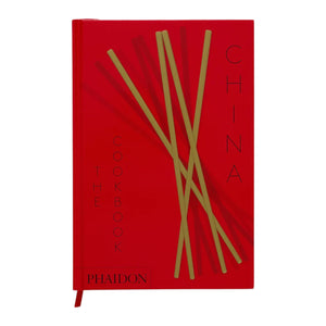 Phaidon's "China: The Cookbook" is a red cookbook featuring gold chopstick illustrations on the cover, filled with authentic Chinese recipes.