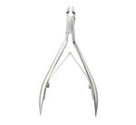 The Tweezerman Rockhard Stainless Steel Cuticle Nipper features curved handles and a spring mechanism for precise, at-home manicures. Shown on a white background.