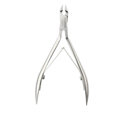 The Tweezerman Rockhard Stainless Steel Cuticle Nipper features curved handles and a spring mechanism for precise, at-home manicures. Shown on a white background.