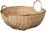 The Rowan Basket Collection by Be Home features rectangular wicker baskets handcrafted in India from sustainable materials, with two rounded metal handles and a metal rim along the top edge.