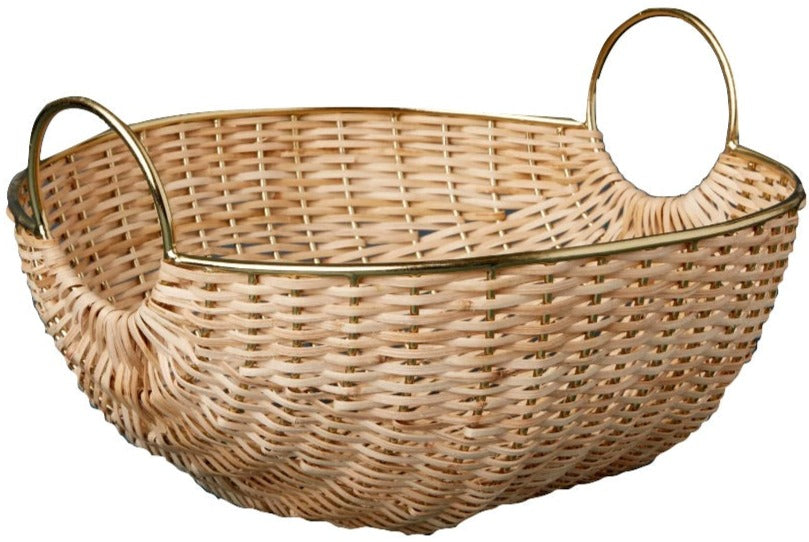 The Rowan Basket Collection by Be Home features rectangular wicker baskets handcrafted in India from sustainable materials, with two rounded metal handles and a metal rim along the top edge.