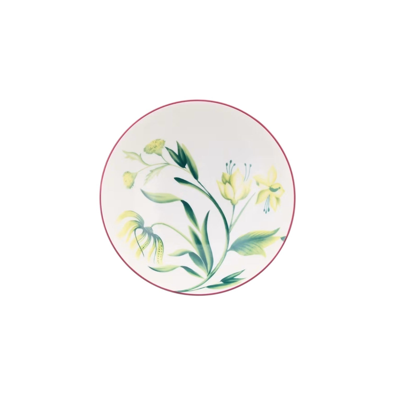 The Florenza Impero Dinnerware Collection by Ginori 1735 features a round white plate with a pink rim and a central painted design of green leaves and yellow flowers—an elegant piece in fine Italian porcelain.