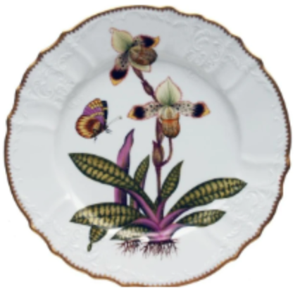 The Anna Weatherley Orchid V Dinnerware Collection dinner plate features white ceramic with a scalloped, gold-edged rim and hand-painted orchid artwork, including green leaves, roots, and a butterfly for an elegant touch.