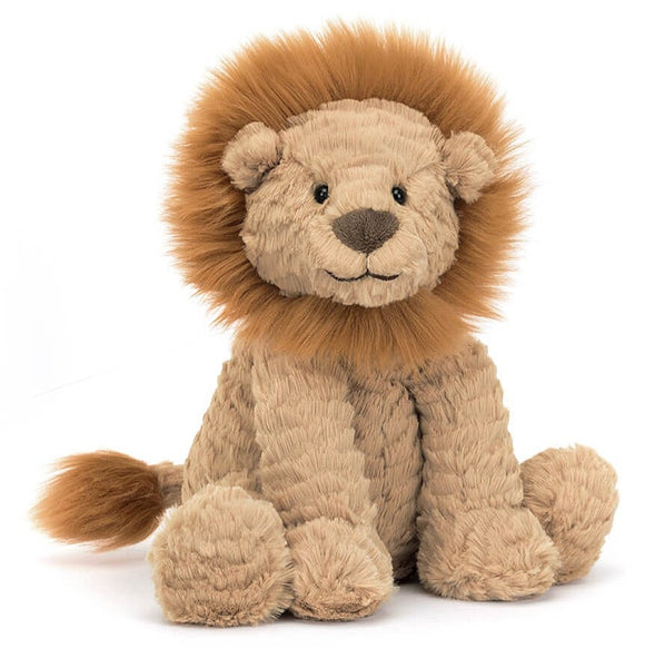 A Fuddlewuddle Lion plushie, designed by Jellycat, sitting on a white background.