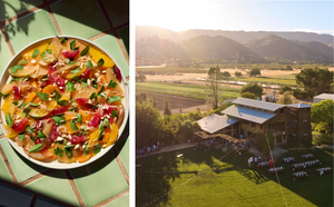 A vibrant citrus salad, inspired by California cuisine and seasonal recipes from Full Belly by Chronicle Books, rests on a tiled table beside an overhead view of an outdoor gathering at an organic family farm, with sprawling fields and distant mountains creating a stunning backdrop.
