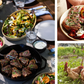 A table set with salads, potatoes, lamb chops, and fresh greens; inset shows toast with vegetables and a farm scene with chickens by a feeder—capturing the essence of California cooking and seasonal recipes inspired by an organic family farm, as featured in *Full Belly* from Chronicle Books.