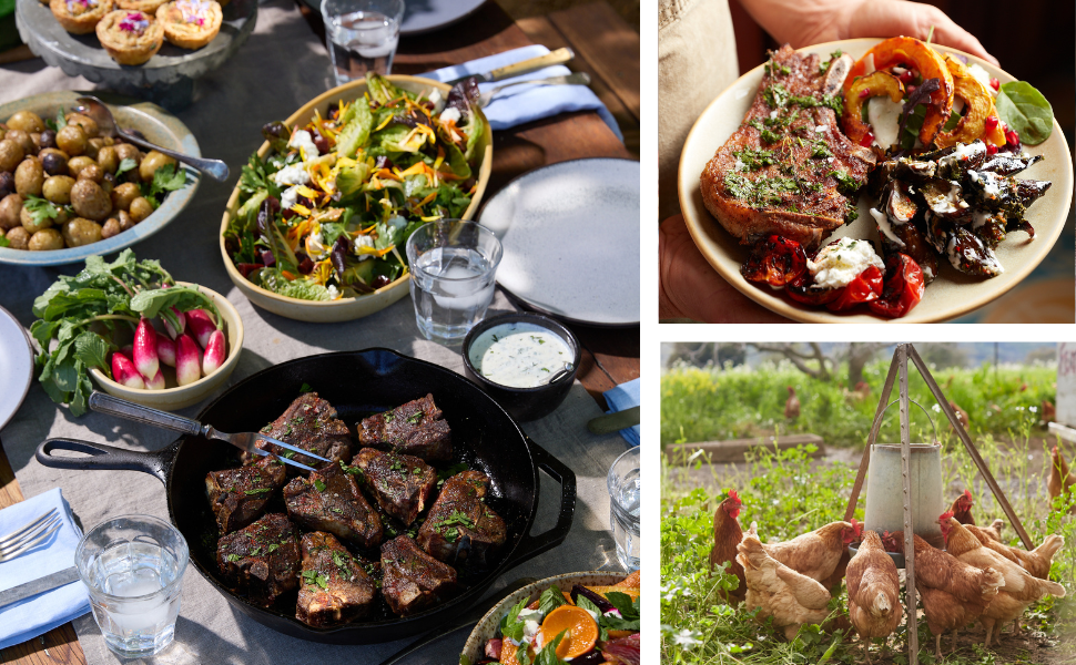 A table set with salads, potatoes, lamb chops, and fresh greens; inset shows toast with vegetables and a farm scene with chickens by a feeder—capturing the essence of California cooking and seasonal recipes inspired by an organic family farm, as featured in *Full Belly* from Chronicle Books.