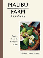 Cover of the Malibu Farm Cookbook by Penguin Random House, showcasing a photograph of figs, cheese, and walnuts arranged on a wooden platter, with text highlighting fresh produce recipes inspired by coastal California.