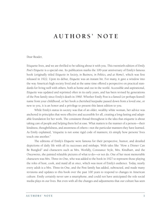 A page titled “Authors’ Note” featuring a letter to readers about the centennial edition of “Emily Post’s Etiquette Centennial” from Penguin Random House, reflecting on its rich history and continued significance as an enduring American guide to modern manners.