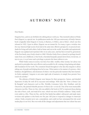 A page titled “Authors’ Note” featuring a letter to readers about the centennial edition of “Emily Post’s Etiquette Centennial” from Penguin Random House, reflecting on its rich history and continued significance as an enduring American guide to modern manners.