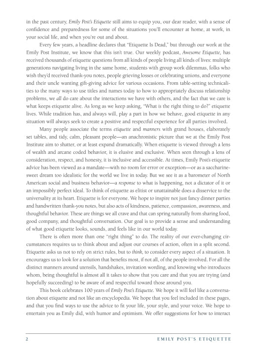 A page from Emily Post’s Etiquette Centennial by Penguin Random House explores the ongoing importance of etiquette, examines the influence of contemporary manners on relationships and society, and details the mission of the Emily Post Institute.