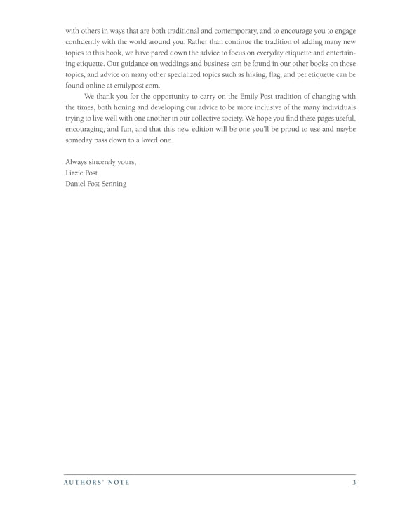 Page 3 features printed text ending with an authors’ note, signed by Lizzie Post and Daniel Post Senning, reflecting on updates to etiquette guidance in Penguin Random House’s *Emily Post’s Etiquette Centennial*.