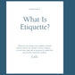 A book page from “Emily Post’s Etiquette Centennial” by Penguin Random House, titled “What Is Etiquette?”—featuring a quote on modern manners and their influence on behavior beneath the “Chapter 1” heading, set against a blue background—offers an inviting introduction to this etiquette guide inspired by Emily Post’s enduring principles.