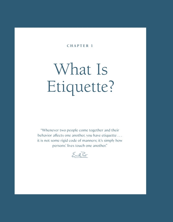 A book page from “Emily Post’s Etiquette Centennial” by Penguin Random House, titled “What Is Etiquette?”—featuring a quote on modern manners and their influence on behavior beneath the “Chapter 1” heading, set against a blue background—offers an inviting introduction to this etiquette guide inspired by Emily Post’s enduring principles.